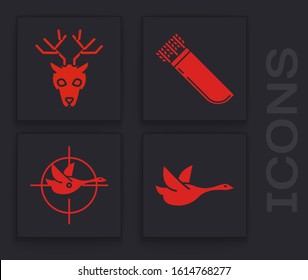 Set Flying duck, Deer head with antlers, Quiver with arrows and Hunt on duck with crosshairs icon. Vector