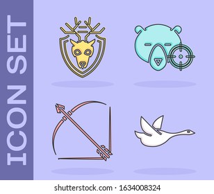 Set Flying duck, Deer head with antlers on shield, Bow and arrow in quiver and Hunt on bear with crosshairs icon. Vector