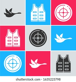 Set Flying duck, Hunting jacket and Target sport for shooting competition icon. Vector