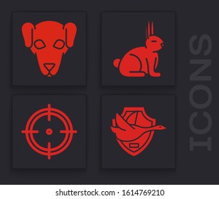Set Flying duck on shield, Hunting dog, Rabbit and Target sport for shooting competition icon. Vector