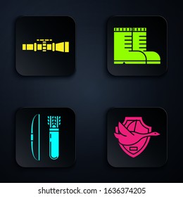 Set Flying duck on shield, Sniper optical sight, Bow and arrow in quiver and Hunter boots. Black square button. Vector