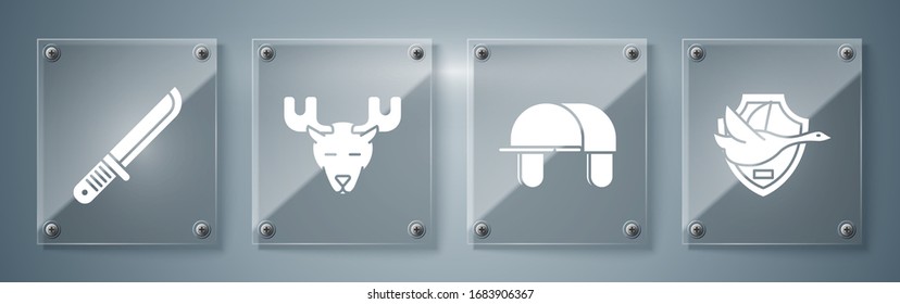 Set Flying duck on shield, Hunter hat, Moose head with horns and Hunter knife. Square glass panels. Vector