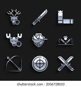 Set Flying duck on shield, Target sport for shooting competition, Crossed hunter knife, Trap hunting, Bow and arrow quiver, Hunt moose with crosshairs, Cartridges and deer icon. Vector