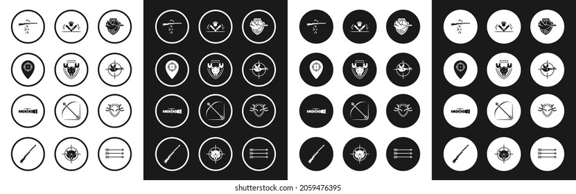 Ponga el pato volador sobre el escudo, la cabeza de la alce, el lugar de caza, la caza de armas, con cruces, la caza de la trampa, las gargantas de ciervos y el icono de la vista óptica del francotirador. Vector