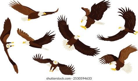 set of flying eagles in flat style, vector