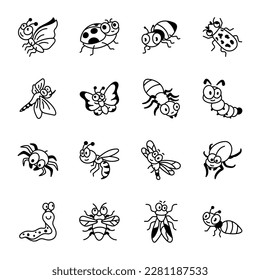 Set of Flying and Earth Bug Doodle Icons 
