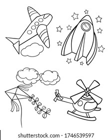 set of flying elements transport airplane rocket helicopter isolate on white background for kids illustration outline linear vector sketch doodle print