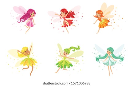 Set Of Flying Fairies Of Many Colors And Poses Vector Illustration Cartoon Character