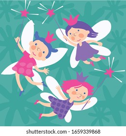 Set Of Flying Fairies Of Many Colors And Poses Vector Illustration Cartoon Character. Flat style. 