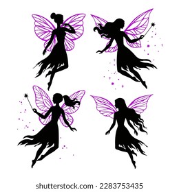 Set of  flying fairies vector silhouette illustration on white background.