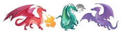Set Of Flying And Fire-breathing Magic Dragons Out Of Fairy Tales. Scary Legendary Creatures With Wings And Fire With Smoke Out Of The Mouth, Characters For Games. Cartoon Style Vector Illustration.