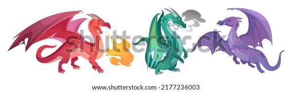 Set of flying and fire-breathing magic\
dragons out of fairy tales. Scary legendary creatures with wings\
and fire with smoke out of the mouth, characters for games. Cartoon\
style vector illustration.