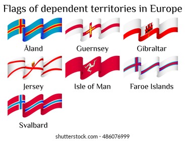 Set of flying flags of Europe dependent territories in waves isolated on white background. Ensigns of 7 autonomies in Europe. Vector illustration