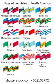 Set of flying flags of North America countries in waves isolated on white background. Vector illustration