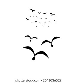 A set of Flying flock of bird silhouettes. Black doves or seagulls isolated, symbolizing freedom and movement.
