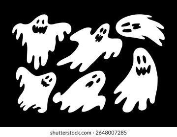 Conjunto de Silhuetas Fantasmas Voadoras com Rostos Assustadores. Expressões Emocionais Assustadoras. Dia das Bruxas em Movimento. Isolado no plano de fundo preto. Ilustração de vetor gráfico plano