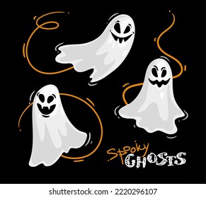 Set of flying Ghosts. Spooky Halloween characters. Cute hand drawn monsters collection for halloween holiday party. Isolated on black background. Vector illustration.