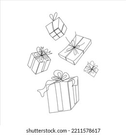 A set of flying gift boxes of various shapes drawn in one line. Design for christmas, valentine, birthday, gift boxes day, black friday, cyber monday. Vector illustration in doodle style.