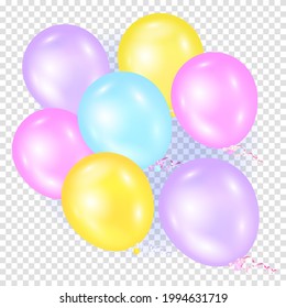 Set of flying glossy multicolored balloons. Group of purple, pink, yellow, blue balls. Vector illustration on a transparent background. Balloons for Birthday, holidays, parties.