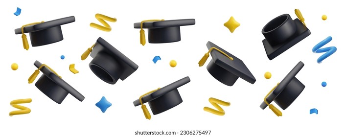 Set of flying graduation caps and confetti, 3d vector illustration isolated on white background. Graduation hat throwing and celebrating College or university graduation. Education concept.
