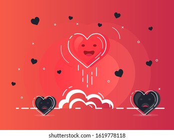 Set of flying hearts with one glowing rocket launch. Trendy flat vector heart icons with concept of love on red background.