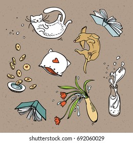 Set of flying home related objects, pets and food, drinks. Outline drawing. Cute sleeping cat and dog. 