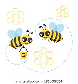 Set of flying honey bees with honeycomb isolated on white background. Vector illustration cute cartoon character. Design for card, pattern, web, flyer