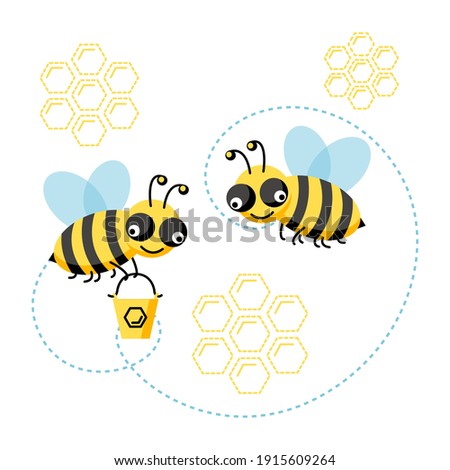 Set of flying honey bees with honeycomb isolated on white background. Vector illustration cute cartoon character. Design for card, pattern, web, flyer