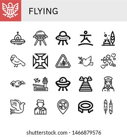 Set of flying icons such as Eagle, Ufo, Trampoline, Feather, Parrot, Portugal cross, Loose gravel, Dove, Cupid, Seagull, Airport, Heaven, Pilot, Feathers , flying