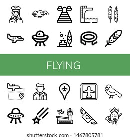 Set of flying icons such as Pilot, Small plane, Seagull, Ufo, Heaven, Feather, Trampoline, Feathers, Airport, Shooting star, Flying, Parrot, Superhero , flying