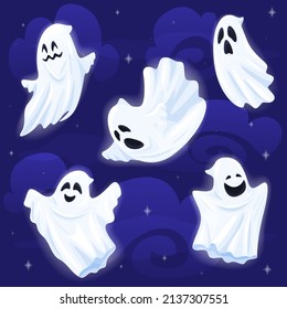 Poner en escena fantasmas iluminados diferentes expresiones de emoción facial en la ilustración plana del vector del cielo nocturno. Recolección de criatura Halloween con disfraces blancos sonriendo facial aterradora. Personajes de fantasía mágica