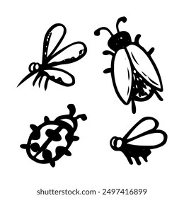 Conjunto de insectos voladores dibujados a mano en estilo doodle. Mosca, mosquito, escarabajo, mariquita, mosquito. Animales salvajes. Ilustración de arte de línea de Vector.