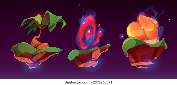 Set of flying islands for game ui isolated on background. Vector cartoon illustration of floating land pieces with exotic palm tree, magic red fire portal, sweet cake, fantasy adventure platforms