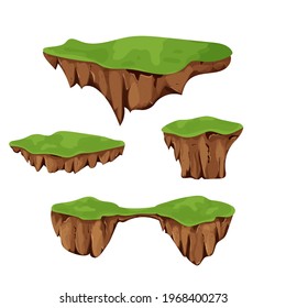 Set Flying Islands with ground and grass isolated on white background, detailed in cartoon style. Ui game assets, background for location, element. Fantasy piece of earth.