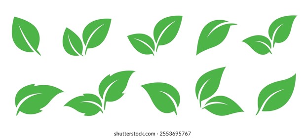 set of flying isolated green leaves icons and branches silhouettes on white background