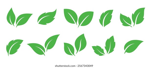 set of flying isolated green leaves icons and decorative branches silhouettes on white background