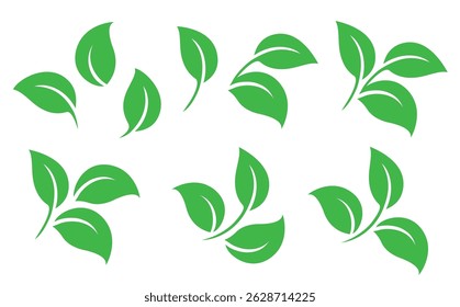 set of flying isolated vector green leaves icons and decorative branches silhouettes on white background