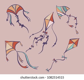 Set of flying kites in cartoon style, vector illustrations