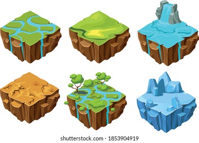 set of Flying lands with different types of textures. ice, grass, woods, dryland, Waterfall for geography Education, isometric flying lands cartoon vector illustrations