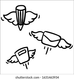 Set of flying objects. Doodle cute symbols. 
