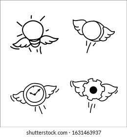 Set of flying objects. Doodle cute symbols. 