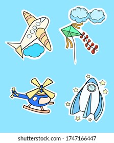 set of flying objects transport rocket helicopter airplane vector illustration stickers baby colored icons
