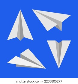 Set of flying paper airplane with different angle. Vector set of colored paper airplanes. Origami aircraft in flat style. Handmade paper planes collection. Folded origami toys. Vector illustration.