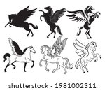 Set of flying pegasus with wings. Collection of mythological horse. Fantastic character. Mythical creature. Vector illustration isolated on white background.