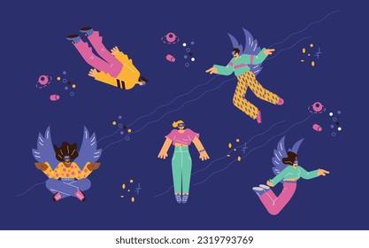 Set of flying people in VR glasses flat style, vector illustration isolated on blue background. Modern technologies, universe and fantasy, decorative design elements collection