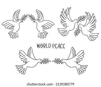 Set of flying pigeons with a branch and leaves. Dove of peace. Hand drawn line sketch. Bird symbol of hope, emblem against violence and military conflicts. Vector illustration