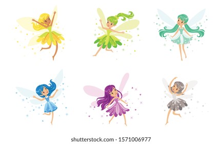 Set Of Flying Pixies Of Many Colors And Poses Vector Illustration Cartoon Character