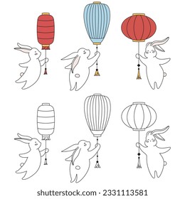 set of flying rabbits using lanterns, mid-autumn festival