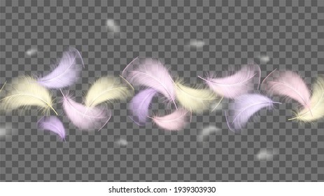 Set of flying realistic vector goose or chicken white feathers of various shapes Ecological feather filler for pillows, blankets or jackets. 
