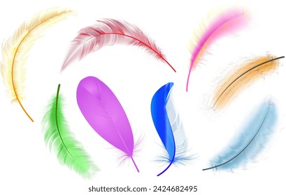 Conjunto de plumas de ganso o cisne vectorial volador realista de varias formas. Relleno de plumas ecológicas para almohadas, mantas o chaquetas. Diseño de concepto vectorial.
